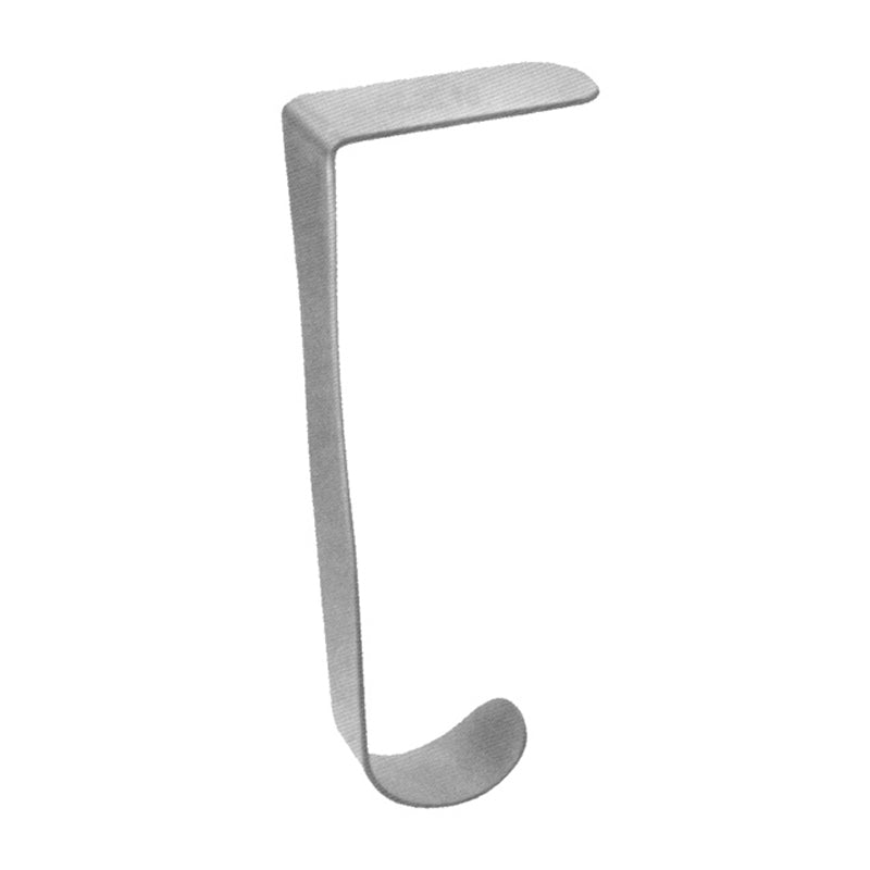 Heaney hysterectomy retractor - J-shaped right angle retractor with flat broad blade at 90 degrees to handle